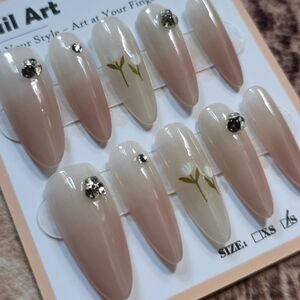 85. Neutral Ombre Stiletto Press-On Nails with Floral Accent